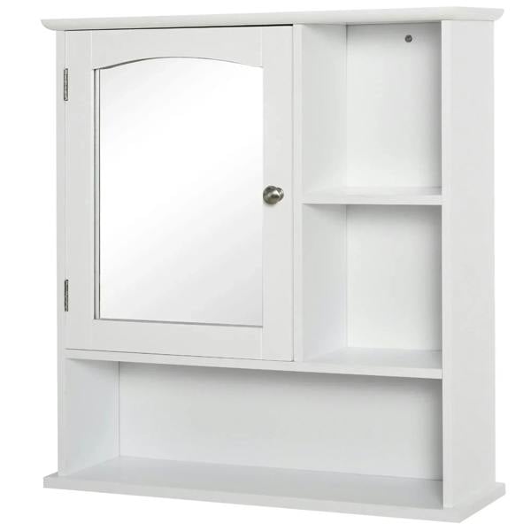 White wall-mounted bathroom cabinet with mirrored door and open adjustable shelves