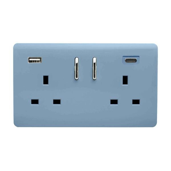 Trendi Switch 2 Gang USB 65W Type A & C USB Plug Socket in Sky Blue