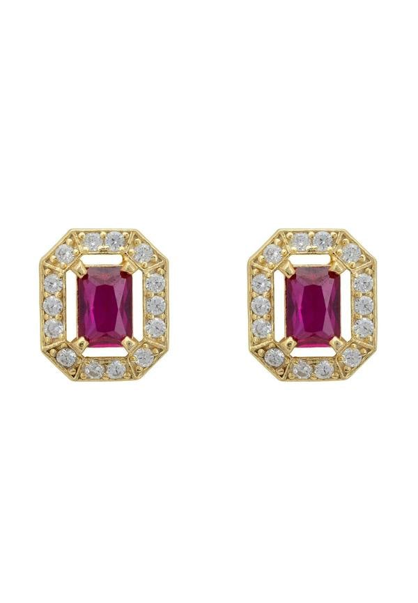 Gold and diamond halo ruby stud earrings.