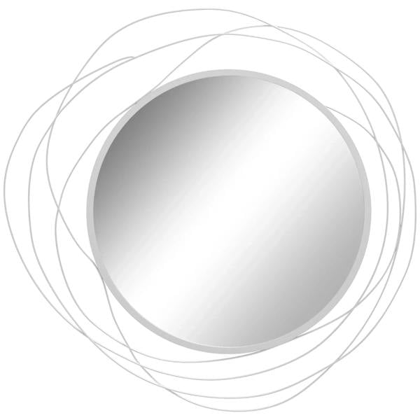 Silver round wall mirror with abstract metal wire loop frame, reflective glass surface