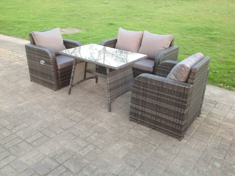 Fimous PE Rattan Garden Furniture Set Adjustable Chair Sofa Double Love Seat 2 Seater Sofa Oblong Rectangular Dining Table