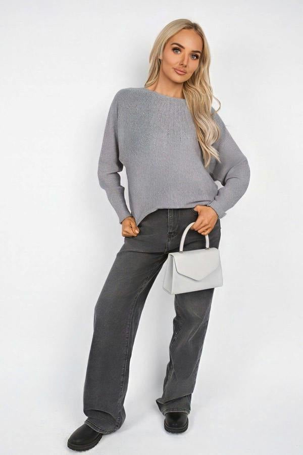 Haisley Long Sleeve Knitted Jumper With Embellished Neckline - Grey