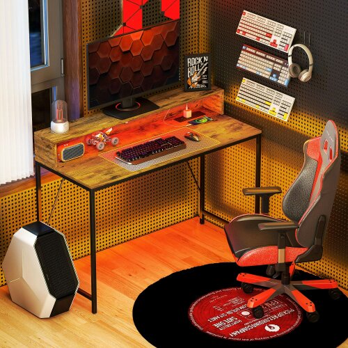 Wyld Haus Hanive 120cm Rustic Brown Gaming Desk With LED Lights Power Outlets And Monitor Stand