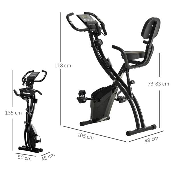Black folding exercise bike with seat, arm resistance bar, and front foot pedals