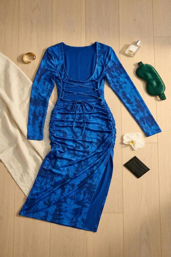 Priscilla Printed Long Sleeve Cross-tied Back Midi Dress - Royal Blue