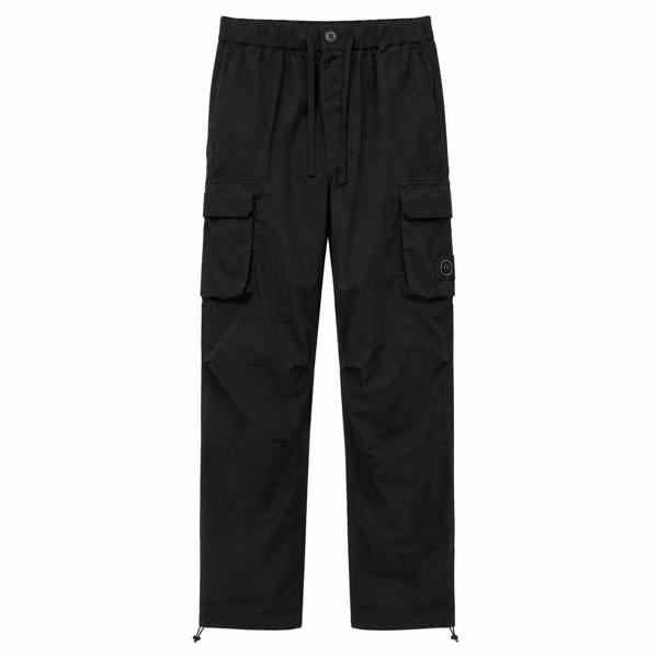 Black Marshall Artist Terrain cargo pants with an elasticated waist, side flap pockets, and adjustable toggle hems.