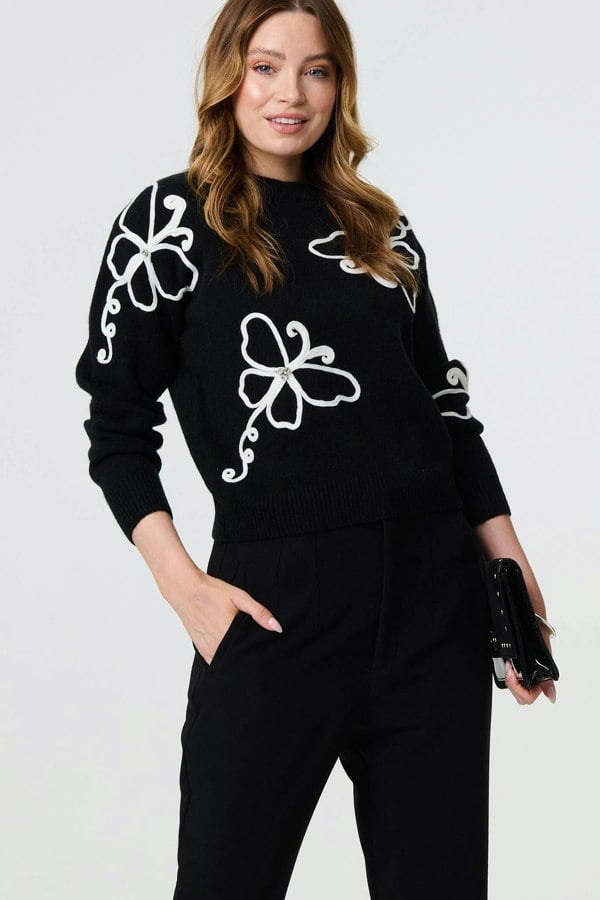Black | Butterfly Print Embellished Jumper