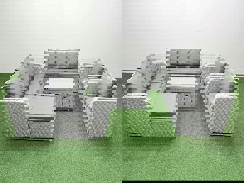 Fimous PE Rattan High Back Lounge Sofa Set Patio Oblong Coffee Table & Chairs Set with 3 Seater Sofa Reclining Chair 3 Stools 2 Side Table Light Grey