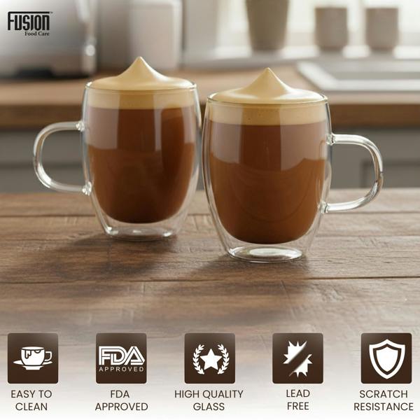 Fusion Food Care Double Walled Coffee Glasses Mugs Pack of 2 Cappuccino Latte Macchiato Glasses Cups