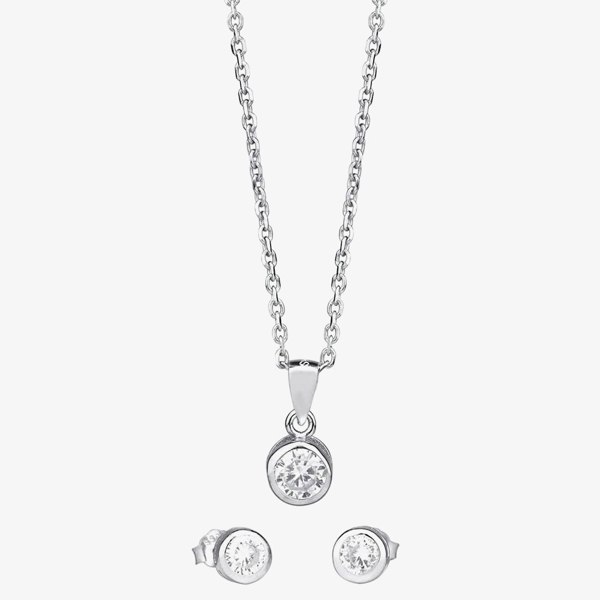 T. H. Baker Silver Cubic Zirconia Bezel-set Pendant and Earring Set SET11215