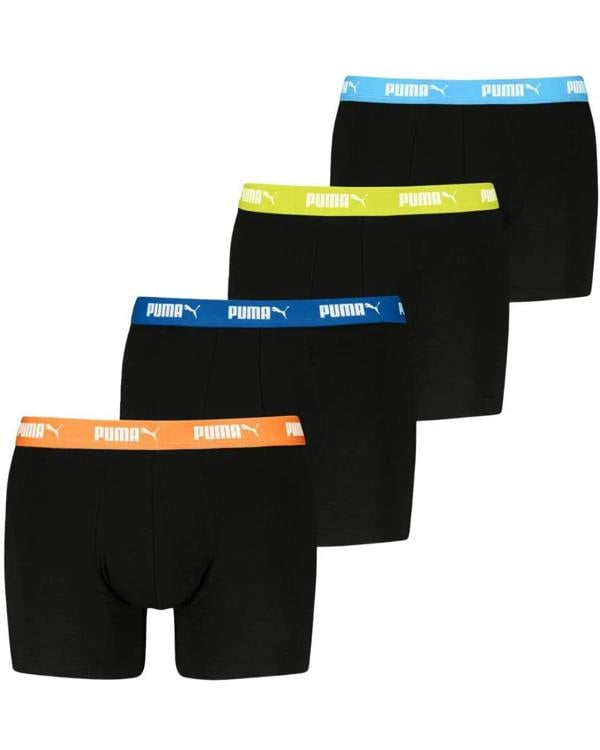 Puma 4-Pack Everyday Boxer Briefs, Black w/ yellow/orange/blue waistbands