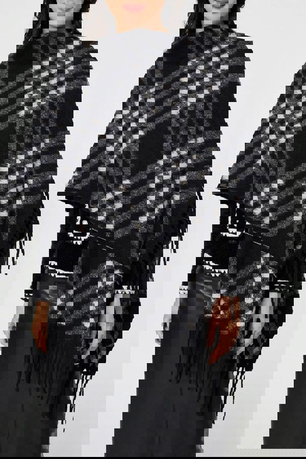 Black | Checked Fringed Oversized Poncho
