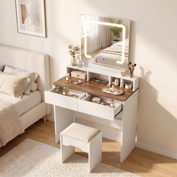 Vanity Table, Dressing Table with Mirror, LED Lights, 2 Drawers, 3 Compartments, Colour Changing, Walnut Brown and White