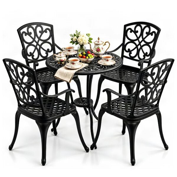Homeology VIVALDI Black 5-Piece Cast Aluminium Garden Bistro Set- Rust-Proof Round Table with Parasol Hole & 4 Large Armchairs- Baroque Design