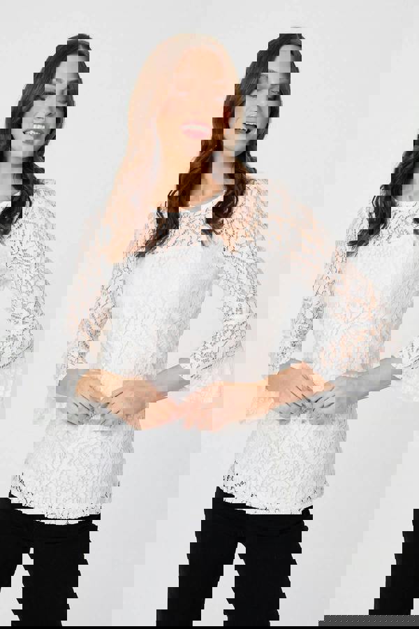 White | Semi Sheer Lace Layered 3/4 Sleeve Top