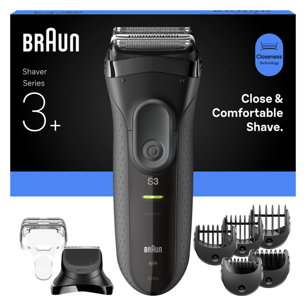 Braun Series 3+ 3000BT Electric Shaver, Beard Trimmer Attachment, Dry - Grey