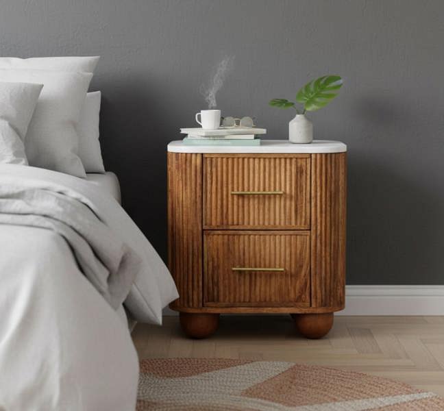 Artisan Furniture Solid Wood Aurora Marble Bedside, 2 Drawers, Beige