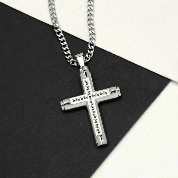 Large Cross Pendant Necklace for Men with Black Stones - namana.london