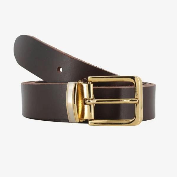 Front view of Brown leather belt with a gold buckle on a white background