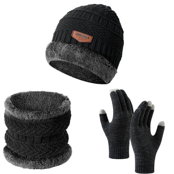 Obasyhig Fleece-Lined Knitted Winter 3-Piece Set - Dark Grey - Style 3