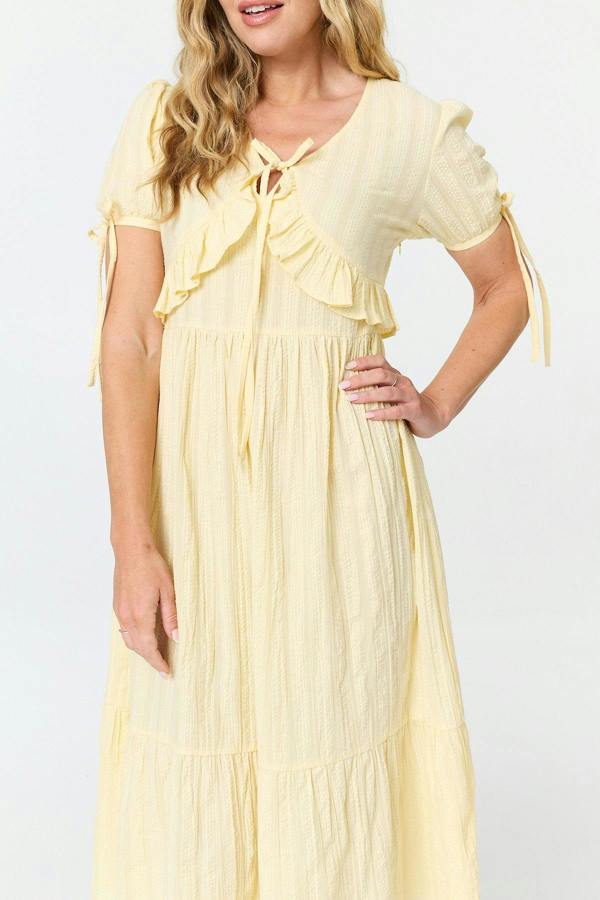 Yellow | Ruffle Front Short Sleeve Midi Dress