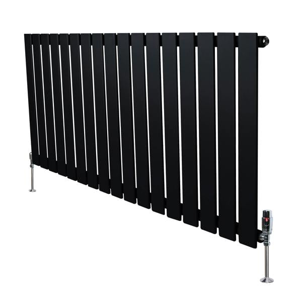 Flat single column radiator in sleek black finish, 600mm x 1190mm, featuring vertical slats and stylish valves for modern interiors