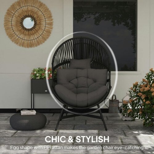 Wyld Haus Rataco Rattan Charcoal Grey Oversized Freestanding Egg Chair With Tufted Cushion And Headrest