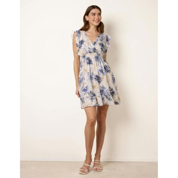 Blue Vanilla Tropical Dress With Leaf Print