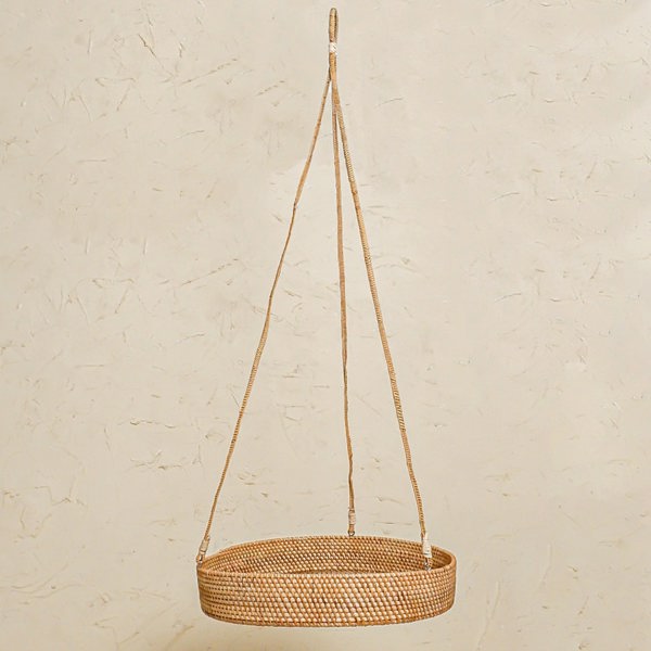 White wash rattan hanging plant basket single tier metal insert