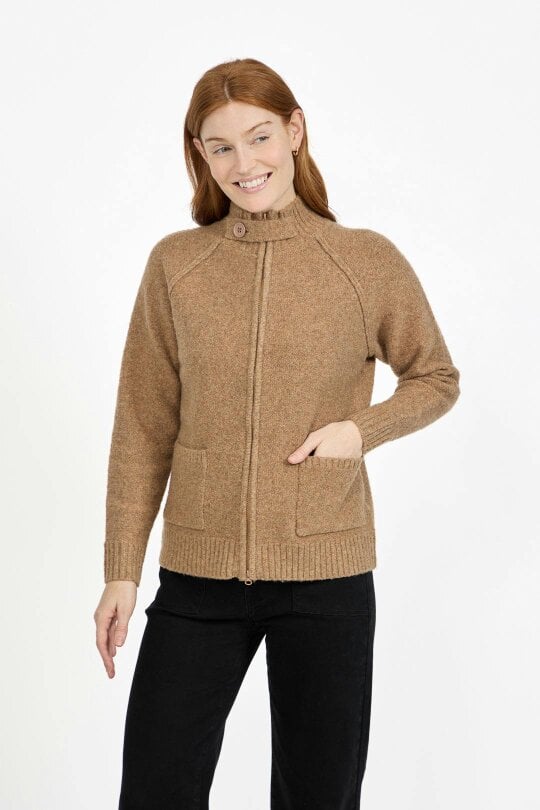 Mudflower Button Tab Collar Zip-Up Knit Cardigan with Pockets - Brown