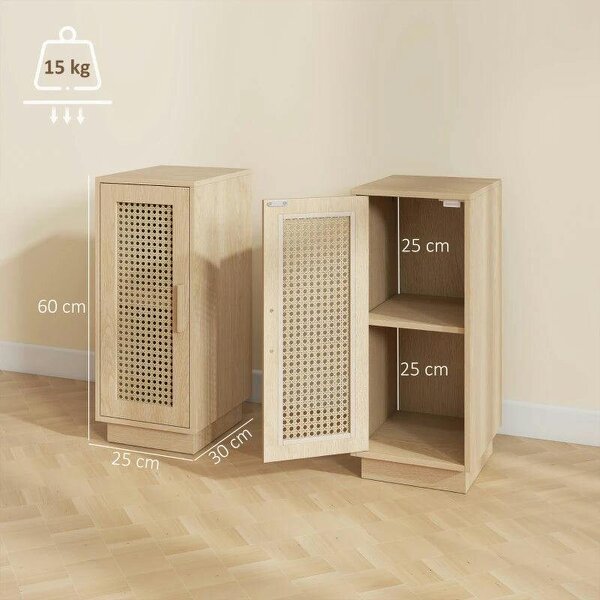 Bobobiy Set of 2 Bedside Tables with Rattan-Decor Doors, Boho Slim Nightstands with Adjustable Shelf, Natural Wood Finish