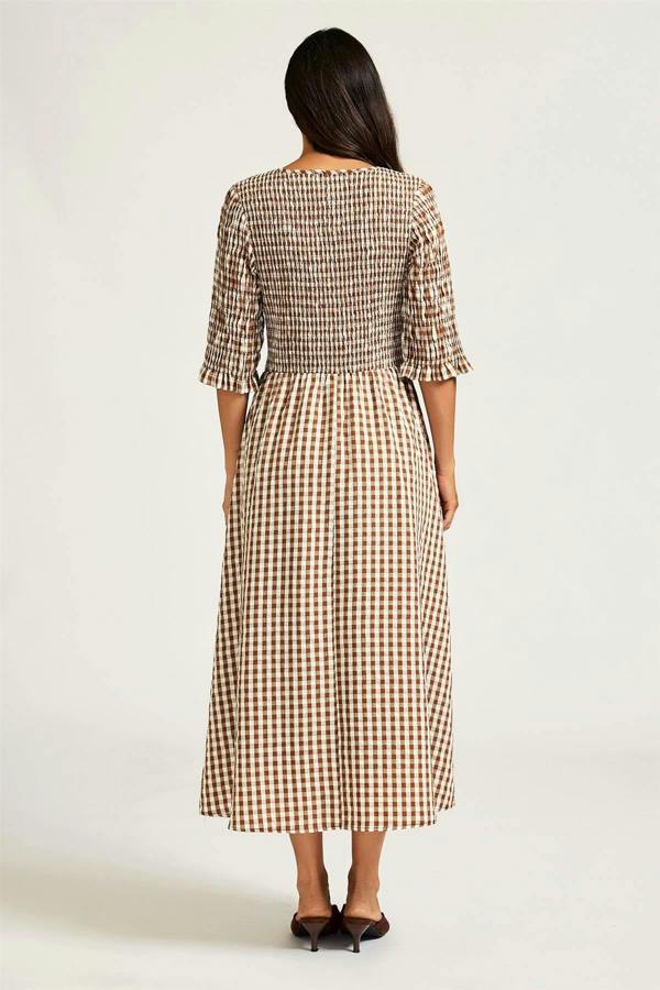 FS Collection Check Print V Neck Half Sleeve Midi Dress In Brown