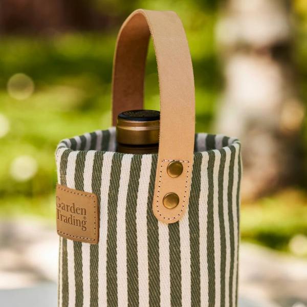 Detailed view of the carry handle and brass-finish rivets on the bottle bag.