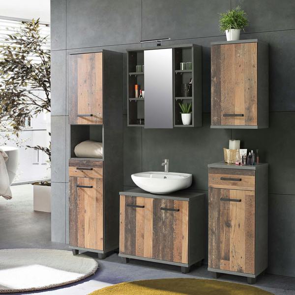 Furniture To Go Veris Tall Narrow Bathroom Cupboard with 2 Doors & 1 Drawer in Walnut and Dark Grey