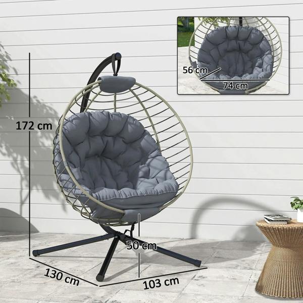 Grey hanging rattan swing chair with metal stand and quilted thick seat cushion