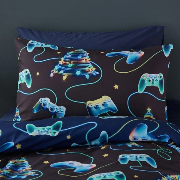 Catherine Lansfield Christmas Gamer So Soft Reversible Duvet Cover Set Navy Blue
