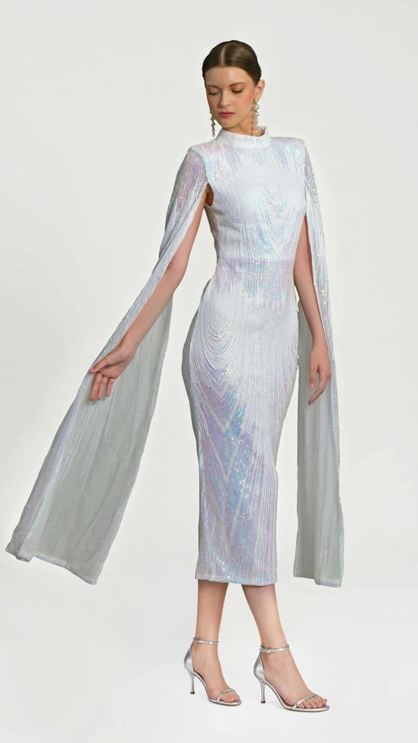 LuvForever Alexandra - White Cape Sleeve Sequin Midi Dress