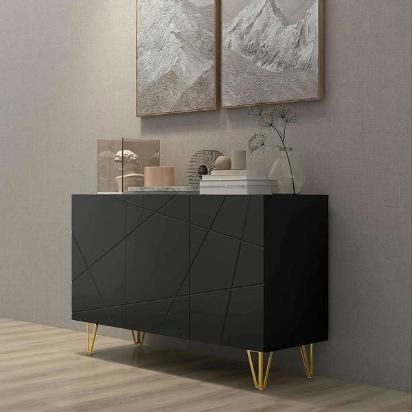 Black high-gloss sideboard with geometric paneling and gold hairpin legs
