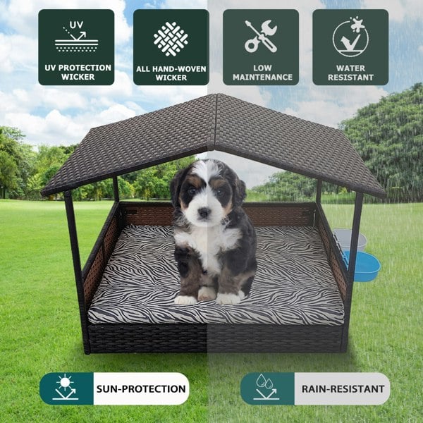 Furniture One Outdoor Rattan Wicker Dog House with Canopy, Outside Dog Shelter with Removable Cushion Lounge, Dog Bowl & Washable Cover