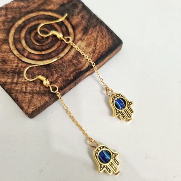 The Colourful Aura Long Chain Gold Hamsa Fatima Hand Protection Evil Eye Tassel Hand Drop Earring