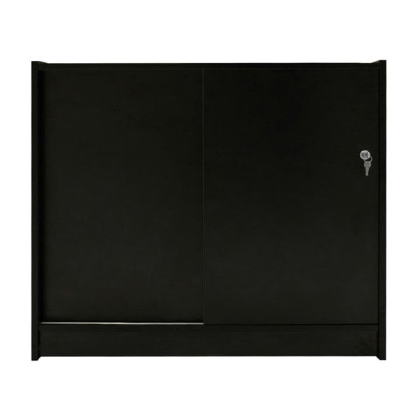 Sleek black LED retail shop counter C1200 with sliding doors and a lock, featuring a smooth, modern finish and sturdy design