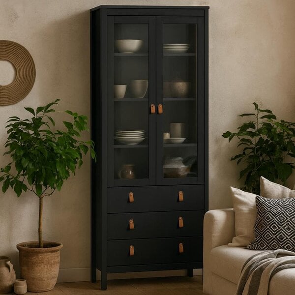 Wyld Haus Wildberry Matt Black Wooden China Cabinet 2 Glass Doors with 3 Drawers Leather Handles