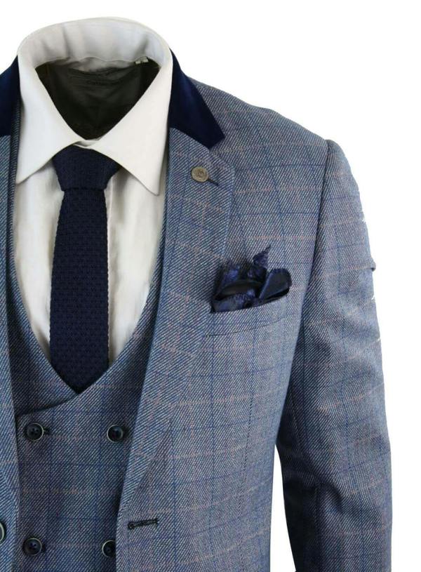 Marc Darcy Mens 3 Piece Blue Grey Herringbone Check Suit