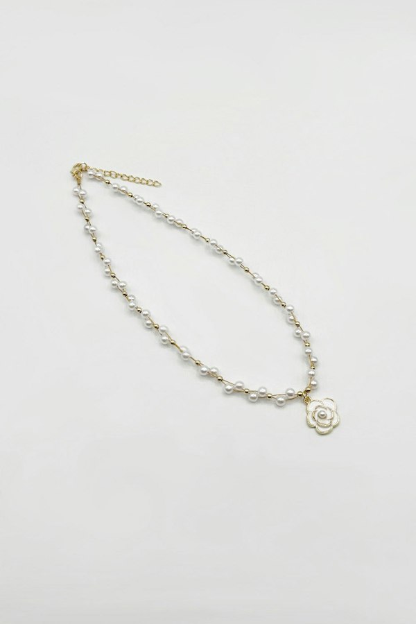 SVNX Pearl Chain Necklace with Camellia Pendant - Gift Boxed