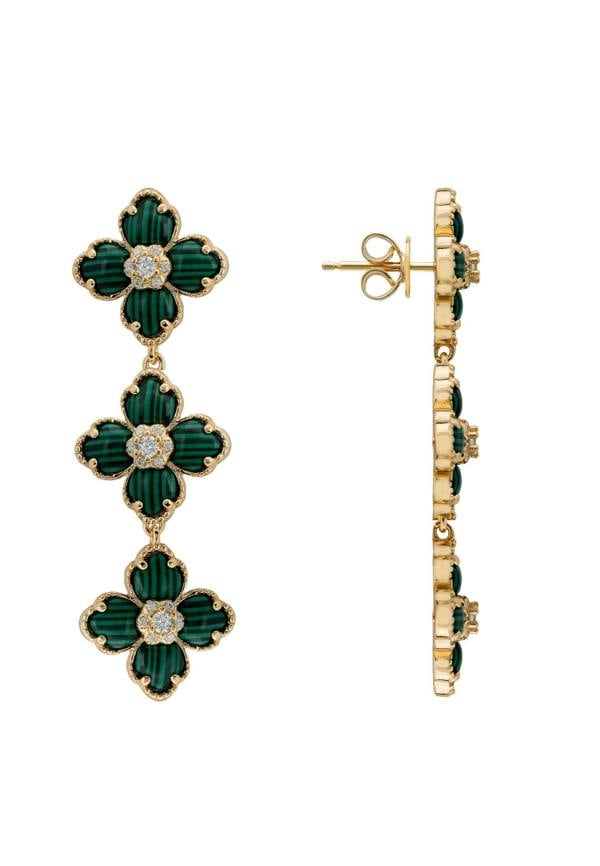 Gold earrings with green floral designs and green gemstones on a white background