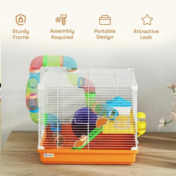 2 Tier Hamster Cage, Gerbil Cage with Handle, Exercise Wheels, Tunnel, Water Bottle, Dishes, Ladder, for Dwarf