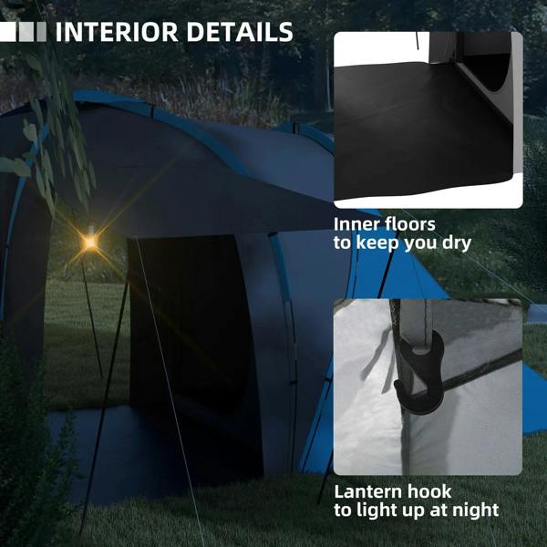 Camping tent interior with inner floor panels and lantern hook, blue and gray