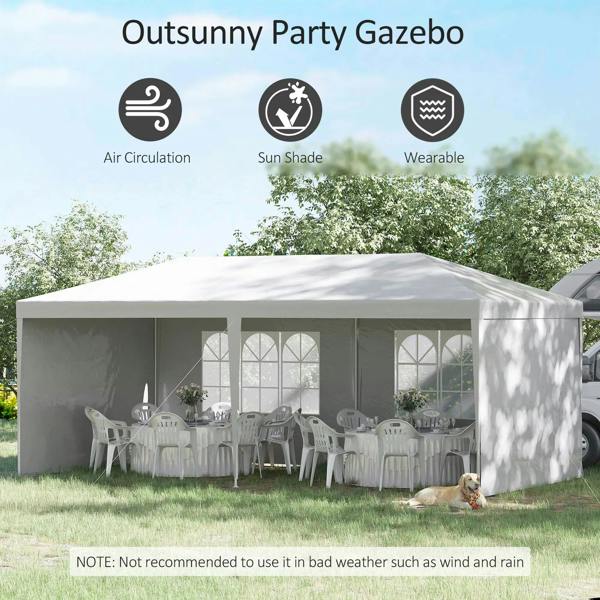 White party tent gazebo with arched windows, side panels, and peaked canopy for shade
