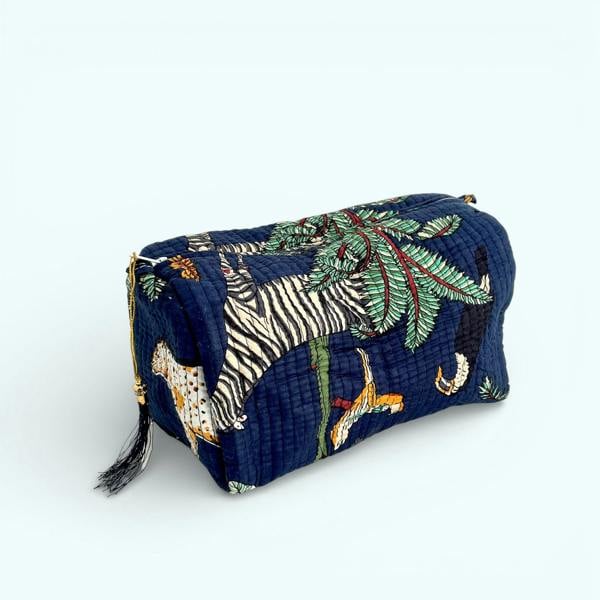 Hayley & Co Jungle Print Cotton Washbag, Make Up Bag, Pencil Case with Waterproof Lining - Jungle Animal Print in Navy Blue