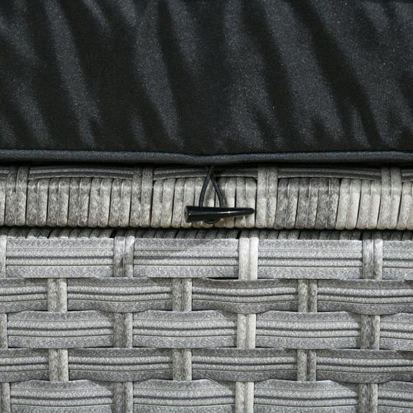 Grey rattan wicker weave detail with black cushion edge on a corner sofa arm